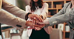 Hands stack, meeting and business people in office, synergy and cooperation for project. Closeup, sales agency or employees in workplace, partnership or support with team building or motivation goals