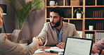 Merger, contract and businessman shaking hands in meeting for corporate deal, negotiation or agreement. Stakeholders, collaboration and people with handshake for merger, project approval or offer