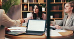 Business, paperwork and people with handshake in meeting for contract deal, finance negotiation or agreement. Stakeholders, collaboration and shaking hands with investor for project approval or offer