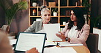 Meeting, documents and business women  in office for legal consulting, case review and strategy. Professional, attorney team and people on laptop with paperwork for discussion, agreement and planning