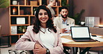 Smile, office and face of businesswoman in meeting at finance agency with confidence, laptop and screen. About us, risk management and woman with computer, support and team workshop for investment