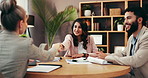 Director, contract and businesswoman shaking hands in meeting for corporate deal, negotiation or agreement. Stakeholders, collaboration and people with handshake for merger, project approval or offer