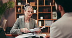Documents, professional consultant and business people in office for discussion, meeting and advice. Company, representative and man with paperwork for woman for feedback, agreement and partnership