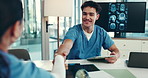 Doctor, man and handshake at meeting with tablet for brain scan, success or problem solving at hospital. Person, surgeon and shake hands with mri, review or happy with medical research for neurology