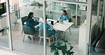 Doctors, meeting and group in boardroom at hospital, above and discussion with paperwork, report and feedback. People, surgeon and nurse in team for planning with stats, laptop and solution at clinic