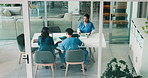Doctors, meeting and documents in boardroom at clinic, above and review with paperwork, report and feedback. People, surgeon and nurse in team for planning with medical research in office at hospital