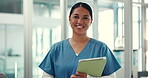 Face, nurse and tablet with woman in hospital for healthcare, clinic schedule and medical report. Patient records, telehealth portal and nursing with person for digital results, smile and app