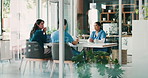 People, doctors and meeting with planning, healthcare and conversation for hospital schedule. Employees, medical and professional in clinic, discussion and help with research and feedback for intern