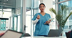 Doctor, woman and tablet for meeting in boardroom with presentation for medical research, results and info. Person, speaker and digital touchscreen with discussion, review and feedback for healthcare