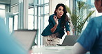 Woman, doctors and meeting in boardroom at hospital, laptop or discussion with planning, report and feedback. People, surgeon and director with review, problem solving or medical research at clinic
