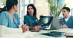 Healthcare, meeting and x ray with team of doctors in hospital office for diagnosis or discussion. Brain scan, mri or neurology with medical professional people in clinic for feedback or review