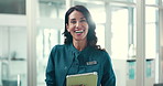 Happy, hospital and face of woman with tablet for medical service, administration and online planning. Healthcare, professional and portrait of person on digital tech for insurance, help and support