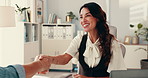 Handshake, interview and recruitment with business people in office for hiring process. Conversation, human resources or meeting with manager and candidate shaking hands for thank you or welcome