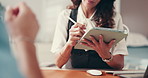 People, hands and doctor writing with tablet or patient for symptoms, diagnosis or consultation at hospital. Closeup, medical worker or listening with technology or client at clinic appointment