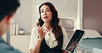 Human resources, interview and tablet with business people in office for hiring process. Conversation, meeting or recruitment with manager and candidate in workplace for feedback, info or review