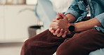 Person, patient and hands with anxiety for stress, condition or mental illness on bed at hospital. Closeup, nervous or waiting with pressure for medical results, news or anticipation at clinic visit