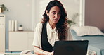 Woman, laptop and typing in office for healthcare, appointment error and problem solving. Mature consultant, GP or tech in practice for communication, thinking or response on telehealth platform