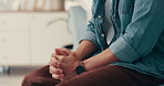 Nervous, hands and man with thinking in home for university anxiety, student debt or scholarship crisis. Serious, person and thoughtful with worry, pensive and waiting for college results with stress