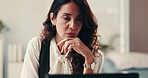 Woman, laptop and thinking in office for healthcare, appointment error and problem solving. Mature consultant, GP or tech in practice for communication, insurance survey or review patient information