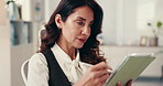 App, review and tablet with business woman reading information in office for company management. Agenda, planning or strategy with mature employee in professional workplace for online research