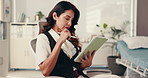 Decision, review and tablet with business woman reading information in office for company management. Idea, planning and thinking with mature employee in professional workplace for online research