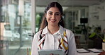 Tablet, face and research with business woman in office for creative campaign, web report and feedback. Communication, connection and project kpi with person in startup agency for planning and smile