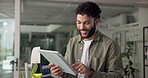Tablet, reading and smile with business man in office for creative campaign, thinking and feedback. Communication, connection and project kpi with person in startup agency for planning and research