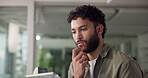 Thinking, business and man on tablet in office for planning, ideas and reading email for feedback decision. Person, thoughts and digital for communication, information and online solution for project
