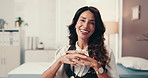 Face, doctor and woman in office, healthcare and smile with confidence, pride and hands together. Portrait, mature person and medical with professional, career ambition and gp with female empowerment