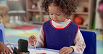 Child, student and painting art in classroom with creative lesson, drawing picture and kindergarten learning. Artist, girl and canvas with fun activity, artwork project and motor growth for education