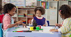 Kids, students and painting art in classroom of creative lesson, drawing picture and kindergarten learning. Children, artist and canvas for fun activity, artwork project and motor growth of education
