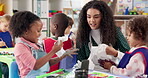Painting, woman and teacher with children, learning and creative in daycare, growth or development. Art, education and teaching kids in preschool, classroom or talking to youth with color for artwork
