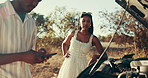 Couple, woman breakdown of car outdoor for roadside assistance, engine problem and accident crisis. Person, complain and man with phone for mechanic advice, insurance help and chat for repair service