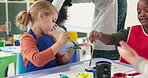 Girl, student and painting hands in classroom of creative lesson, drawing picture and kindergarten learning. Children, brush and messy with fun activity, artwork project and motor growth of education