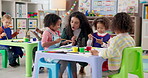 Painting, teacher and education for children, art and creativity in classroom, daycare and development. Talk, woman and teaching kids in preschool, learning and growth of youth with color for artwork
