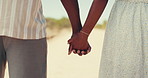 Holding hands, love and couple in countryside for connection, bonding or commitment at honeymoon. Travel, romantic and closeup of man with woman for trust, support or relationship on weekend trip.