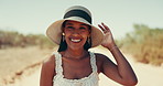 Desert, face and road trip with black woman outdoor for break, travel or vacation at sandy destination. Adventure, happy or relax and smile of tourist person in nature with hat for holiday or journey