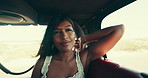 Road trip, passenger and woman with hair, wind and vehicle for vacation, weekend or journey. Thinking, drive and traveller with adventure ideas in car for summer holiday, safari tour or countryside