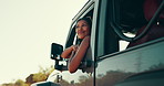 Car, window and girl on road trip with smile, adventure and travel in nature for vacation. Vehicle, transport and happy woman at safari destination, holiday or outdoor journey with morning break
