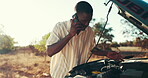 Man, vehicle breakdown and phone call outdoor for travel fail, roadside assistance and engine problem. Motor check, black person and talking to mechanic for car advice, fuel issue or emergency crisis