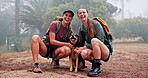 Mountain, hiking and face of women with dog, smile and outdoor adventure holiday on weekend. Relax, portrait and happy friends with animal in nature to rest on trekking vacation in morning fog