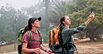 Hiking, no signal and women with phone for direction, navigation and location on digital map. Mountain, nature and people on smartphone search for online guide on adventure, journey and exercise