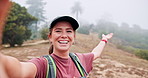 Face, woman and selfie for hiking outdoor of photography, adventure vlog and social media post. Smile, influencer and recording video for live streaming, show destination and travel journey in nature