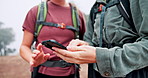 Hiking, hands and women with phone for direction, navigation and location on digital map. Mountain, nature and people talking on smartphone search for online guide for adventure, journey and exercise