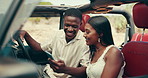 Phone, conversation and couple in car for route, navigation or map to holiday home for vacation. Love, romantic and man with woman on cellphone for online hotel checkin in vehicle for road trip.