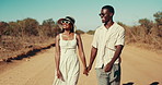 Safari, holding hands and couple with vacation for honeymoon with trust, love and connection. Happy, outdoor and man with woman for bonding in relationship on romantic weekend trip in desert.