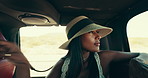 Road trip, passenger and woman with vehicle, fashion and journey for vacation, weekend or break. Transportation, adventure and traveller with hat in car for summer holiday, safari tour or countryside