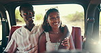 Couple, road trip and safari with drive, vacation or tourism with bonding, love and hug at national park. People, man and woman with smile with embrace, holiday or together in vehicle at game reserve