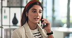 Phone call, business and woman in office, conversation and planning for schedule, creative project and talking. Person, employee and journalist in workplace, smartphone and discussion with contact