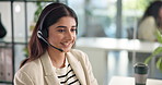 Happy woman, agent or call center with headset for customer service or online advice at office. Female person, consultant or virtual assistant talking with mic for CRM or communication at workplace